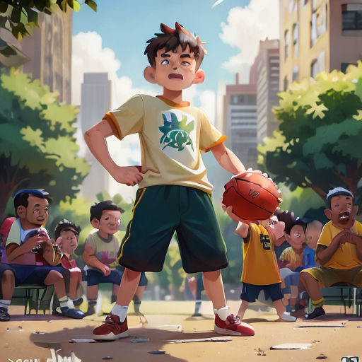 a boy holding a basketball in front of a crowd of people in a city park with buildings in the background