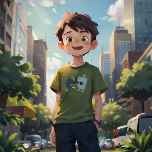 a boy standing in the middle of a city street with a dog on his shirt and a cityscape in the background