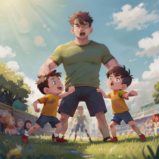 a man standing next to two children on top of a field of grass and grass covered ground with people watching