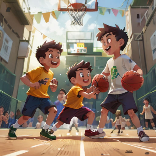 a group of young boys playing basketball on a court with a crowd watching them from the stands and a basketball hoop