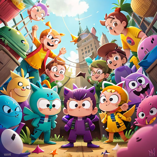 a group of cartoon characters standing in front of a building with a sky background and a blue sky in the background