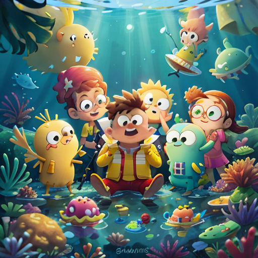a group of cartoon characters under water with fish and plants around them, under a blue sky with sunlight