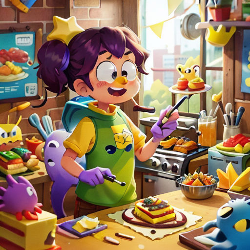 a girl is cooking in a kitchen with many toys around her and a bird on the counter top of the kitchen