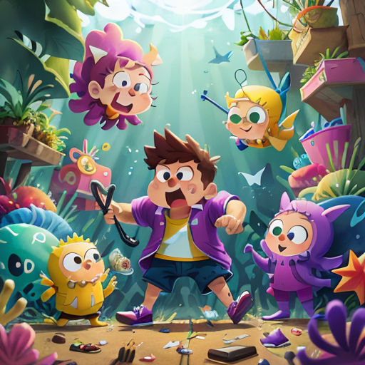 a cartoon character is surrounded by other characters in a underwater scene with a fish and other creatures in the background