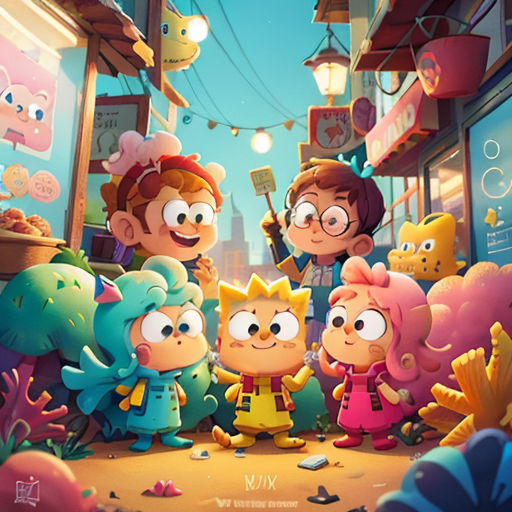 a group of cartoon characters standing in front of a store front window with a sky background and a street light