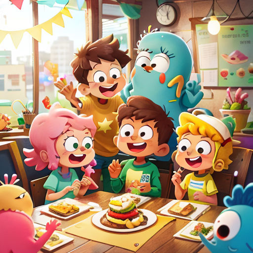 a group of children sitting around a table eating food in a restaurant with a large blue bird in the background