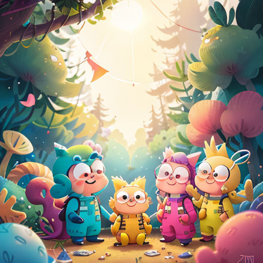 a group of cartoon characters standing in a forest with trees and plants in the background, with a sun shining through the trees