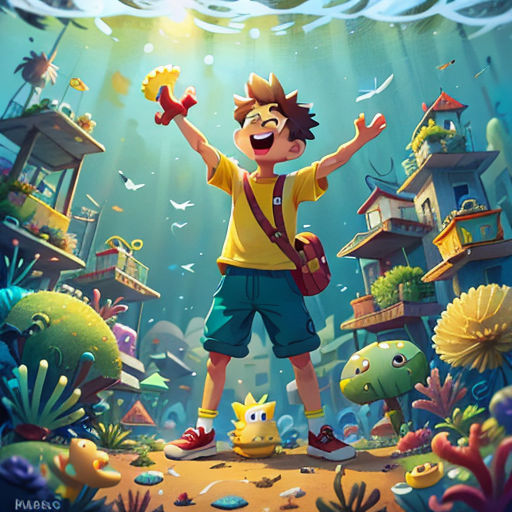 a boy standing in the middle of a underwater world with a fish and a bird on his shoulder and a bird on his shoulder