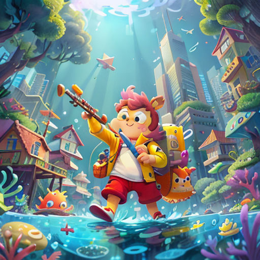 a cartoon character is playing a guitar in a cartoon city scene with a fish and a cat on the water