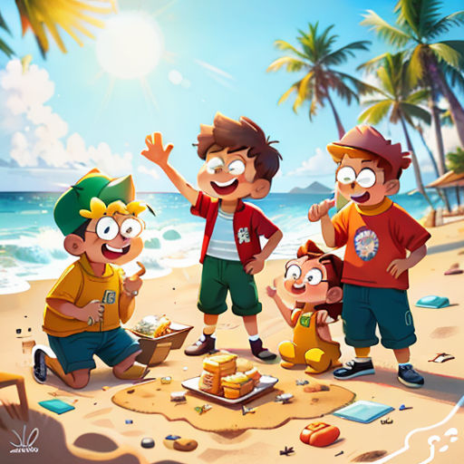a group of kids on a beach with a cartoon character on the beach in the background and a cartoon character on the beach
