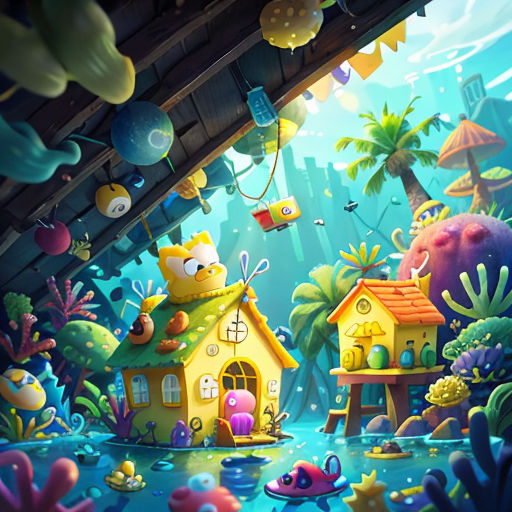 a cartoon scene of a house in the middle of a sea with a spongebob on it and other cartoon characters