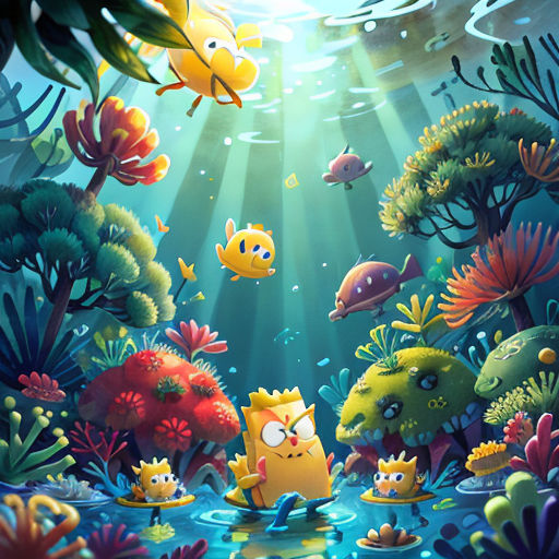 a cartoon scene of a fish and a cat in the water with a fish in the background and a fish in the foreground