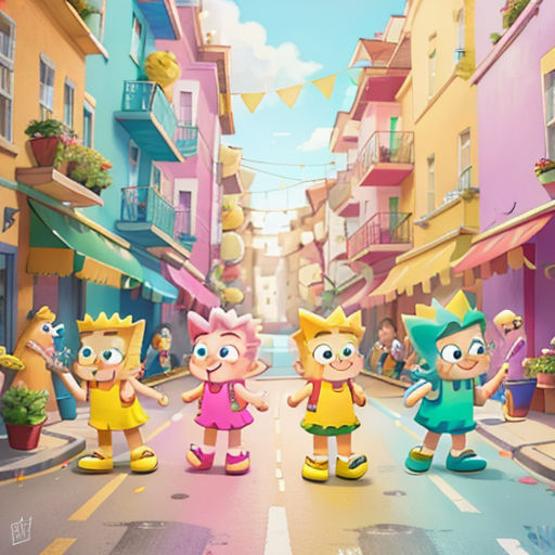a group of cartoon characters walking down a street in front of buildings and people in the background with flags
