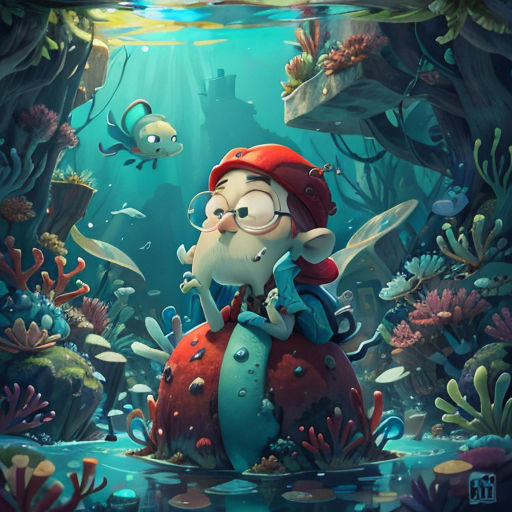 a cartoon character sitting on top of a mushroom in a underwater scene with fish and plants around him,