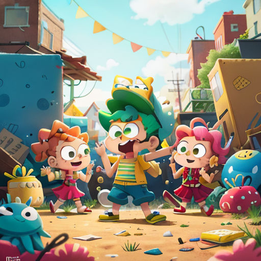 a group of cartoon characters standing in a dirty area with a blue building in the background and a blue sign that says,'stop