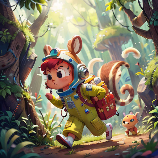 a boy with a backpack walking through a forest with a cat on his back and a squirrel on his back