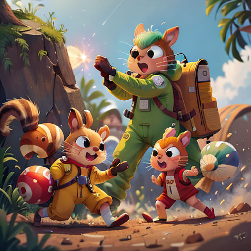 a group of cartoon animals with a backpack and a backpack on their back, running through a jungle with a man