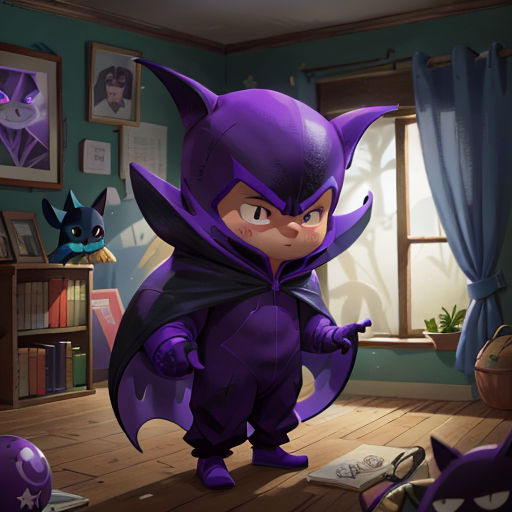 a cartoon character in a purple costume standing in a room with a cat and a bookcase in the background