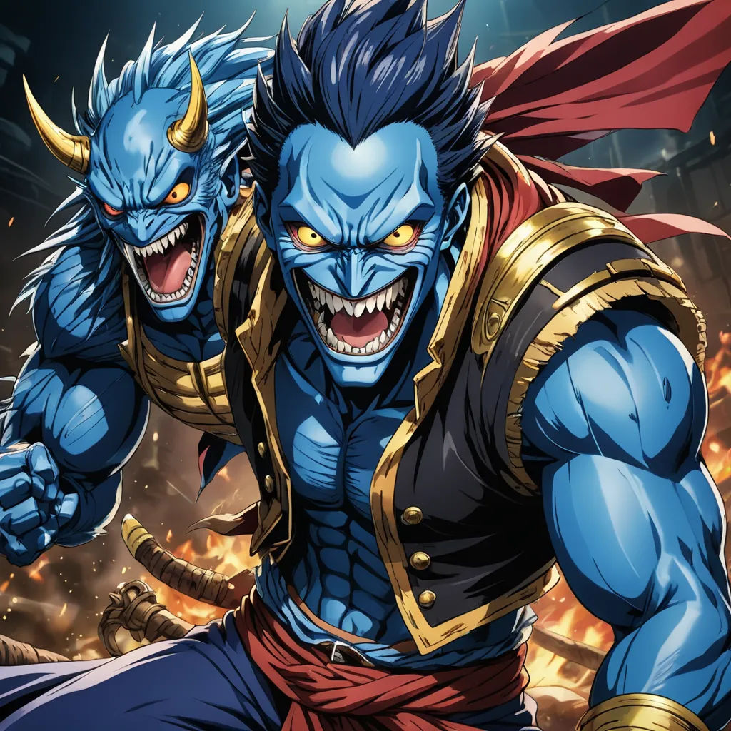 a cartoon character with a demon like face and a demon like head, with a red cape on his head, altermodern, a comic book panel, Baiōken Eishun, official art