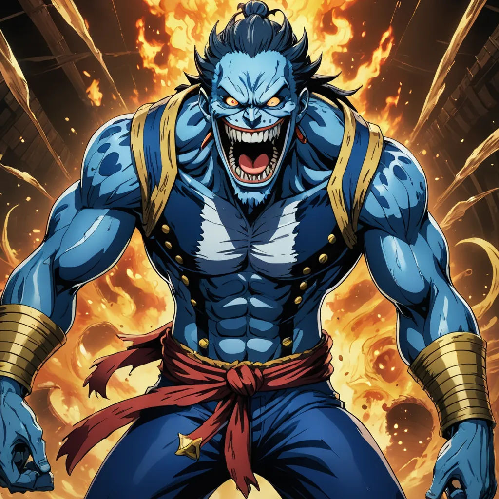 a cartoon character with a demon like face and a red belt around his waist, with flames in the background, cobra, a comic book panel, Adam Manyoki, official art