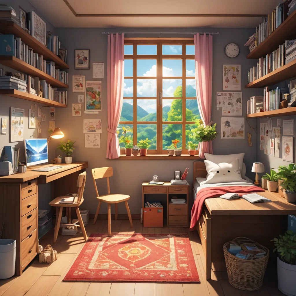 a bedroom with a desk, chair, and a bed in it with a window overlooking a valley and mountains, photorealism, a 3D render, Evgeny Lushpin, unreal engine highly rendered