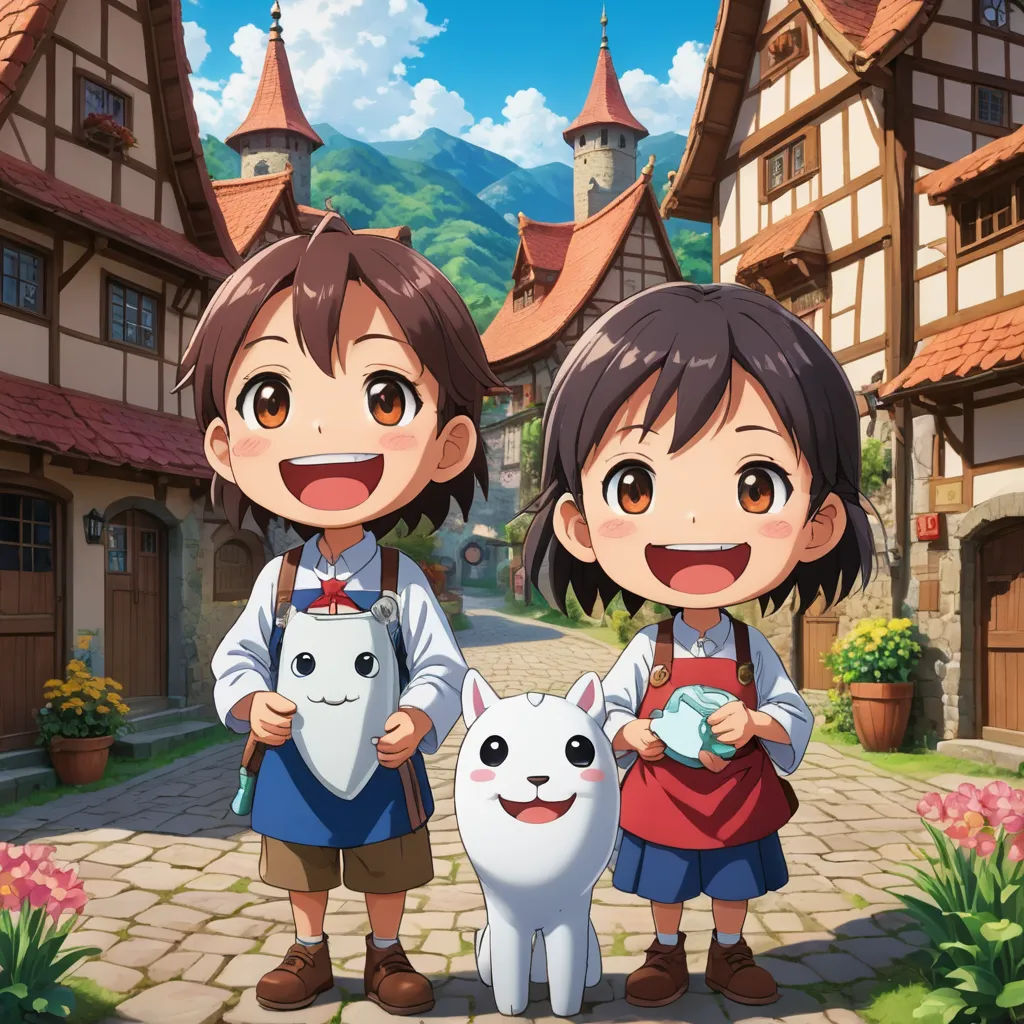 two children standing next to a white cat in front of a building with a mountain in the background and a white cat in front of them, naive art, a storybook illustration, Anne Said, anime key visual