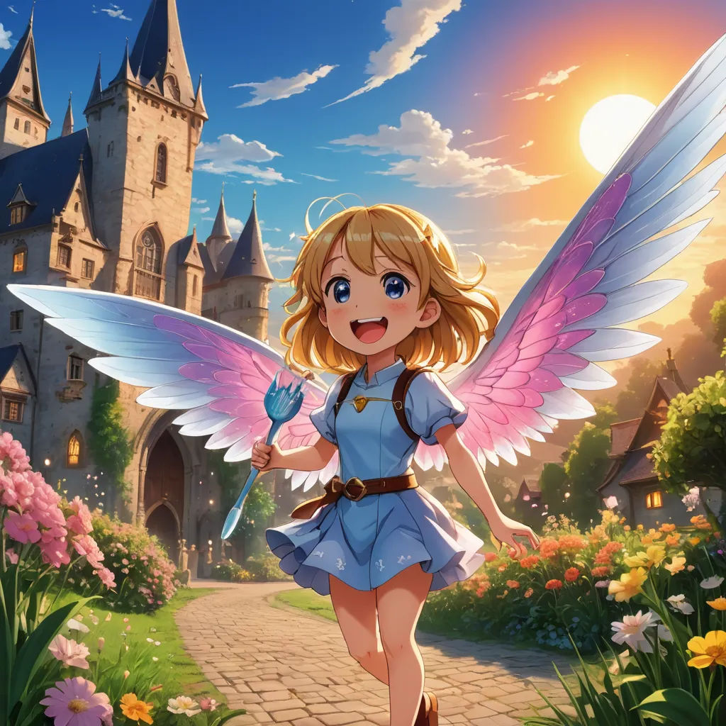 a girl with a fairy wings and a sword in front of a castle with flowers and a path leading to it, fantasy art, an album cover, Anne Said, official art