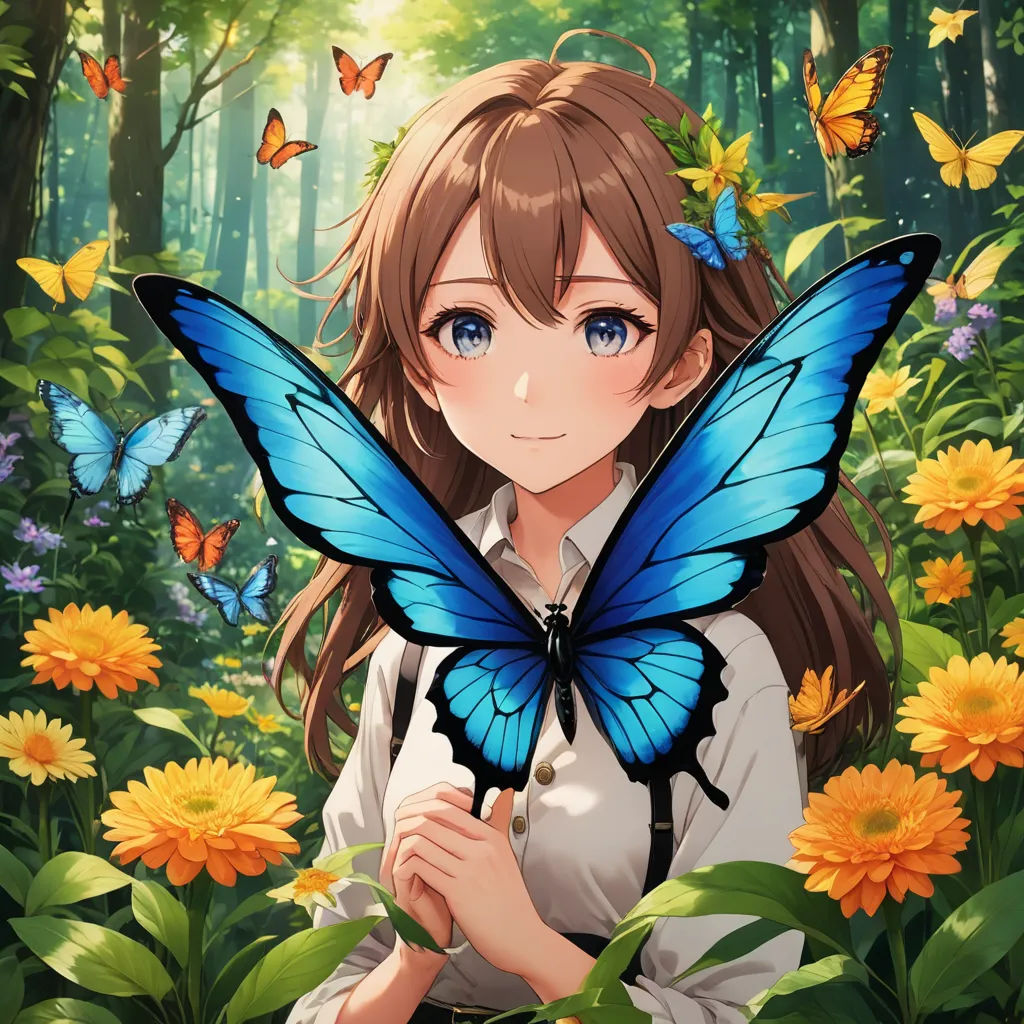 a girl with a butterfly on her shoulder in a field of flowers and butterflies in the background, with a butterfly on her shoulder, magic realism, an album cover, Ai-Mitsu, official art