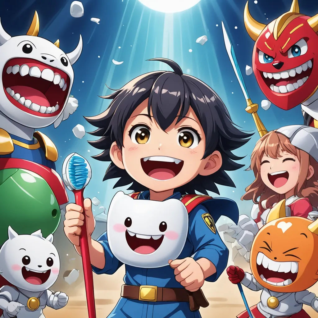 a group of children with toothbrushes and monsters around them in a cartoon style with a bright light, dau-al-set, poster art, Baiōken Eishun, official art