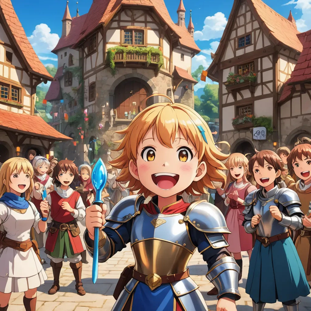 a group of people standing around a town with a woman holding a sword and a man in a suit, sots art, an album cover, Aya Goda, official art