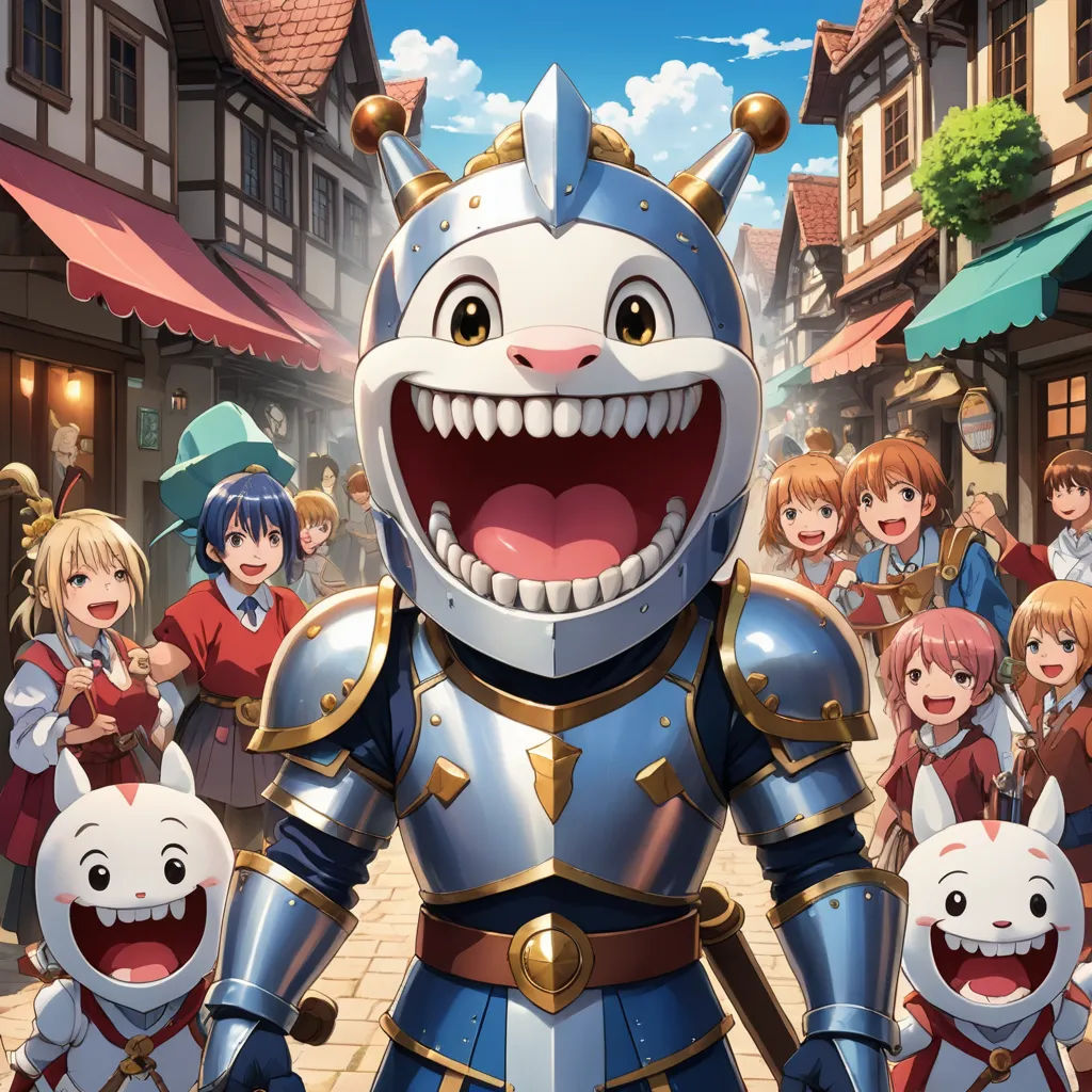 a group of people standing around a robot in a town with a smiling face on it's face, sots art, a character portrait, Ay-O, official art