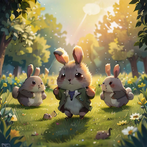 a group of rabbits sitting in the grass with a man in a suit and tie in front of them