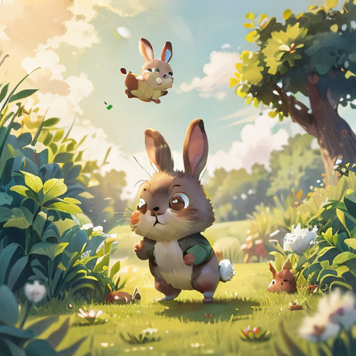 a rabbit is running through a field with a bunny flying above it and a rabbit in the background with a bird in the air