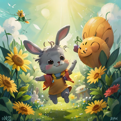 a rabbit is flying through the air near a sunflower field with a bee on it's back