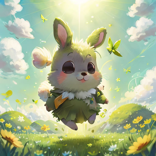 a cartoon bunny flying through the air over a field of flowers and grass with a butterfly flying above it