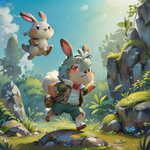a rabbit and a rabbit rabbit running through a forest with a rabbit flying over them and a rabbit holding a backpack