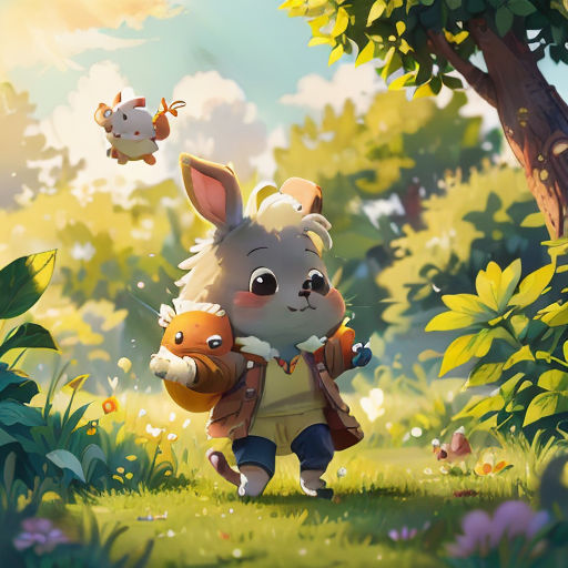 a cartoon bunny carrying a stuffed animal in a forest with a bird flying overhead in the sky above it