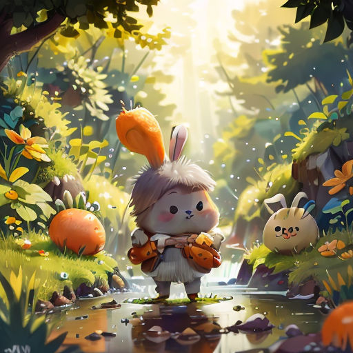 a rabbit holding a carrot in a forest with other animals around it and a pond of water in the foreground