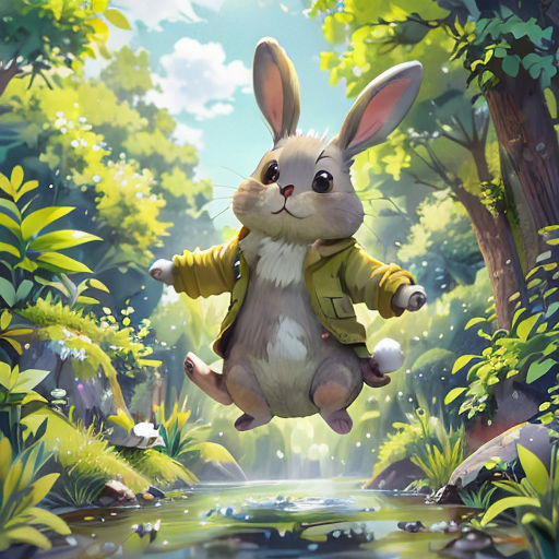a rabbit is jumping in the air over a stream in a forest with trees and bushes, and a stream running through it