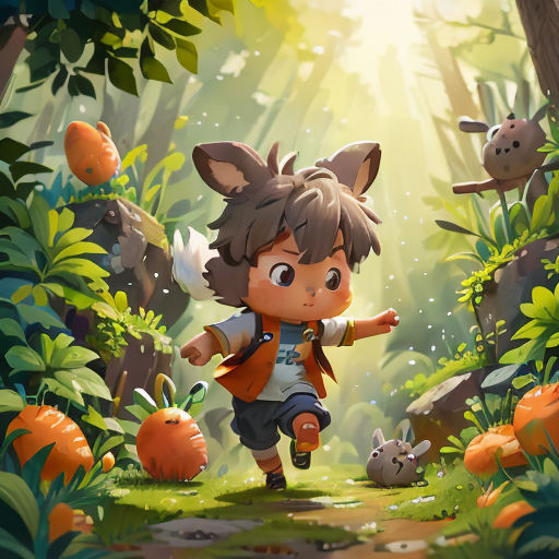 a cartoon character running through a forest with a rabbit and a mouse in it's hand, with a forest background