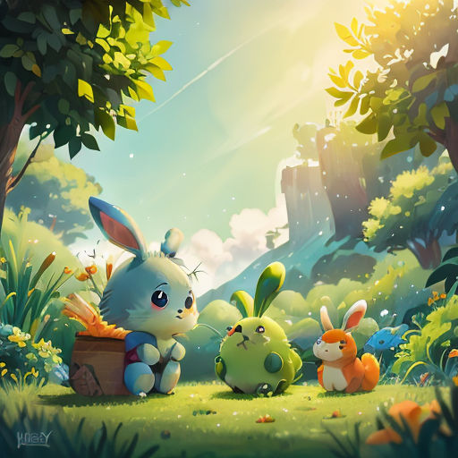 a cartoon bunny and other animals in a forest with a sky background and sun shining through the trees and grass