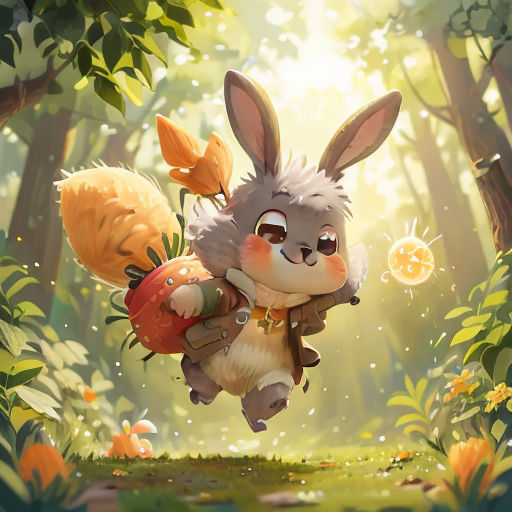 a cartoon rabbit carrying a bag in a forest with a squirrel on it's back and a squirrel on its back