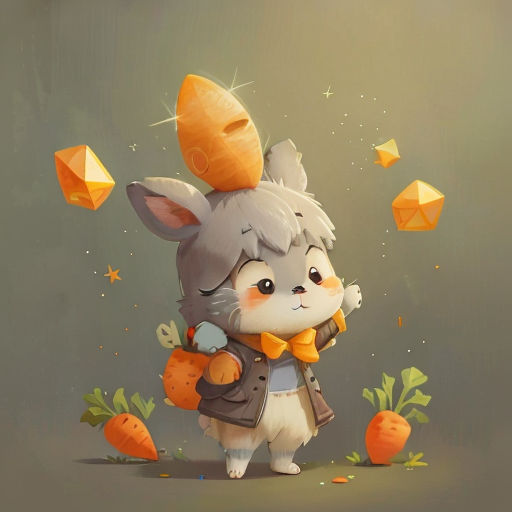a rabbit holding a carrot on a gray background with oranges around it and a star above it,