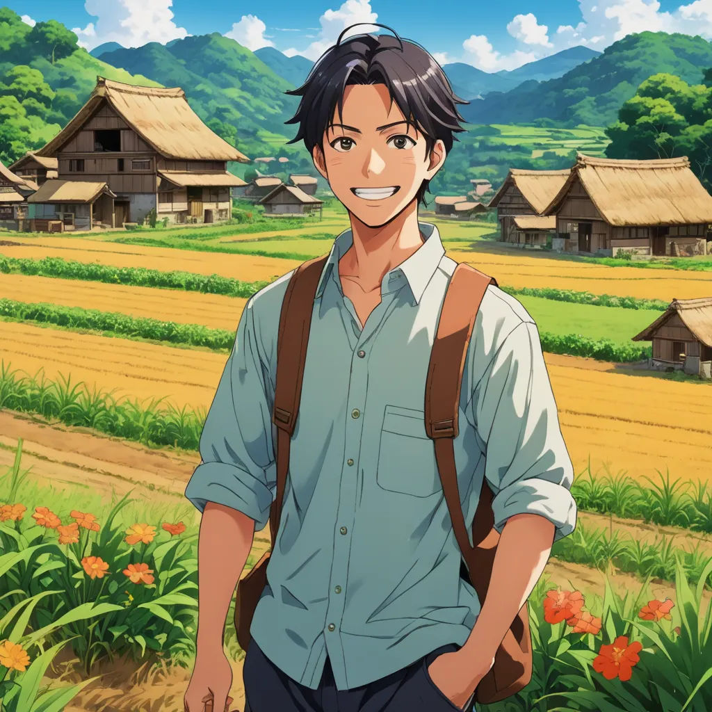 a man standing in front of a field of flowers and a village in the background with a sky background, environmental art, concept art, Armin Hansen, official art