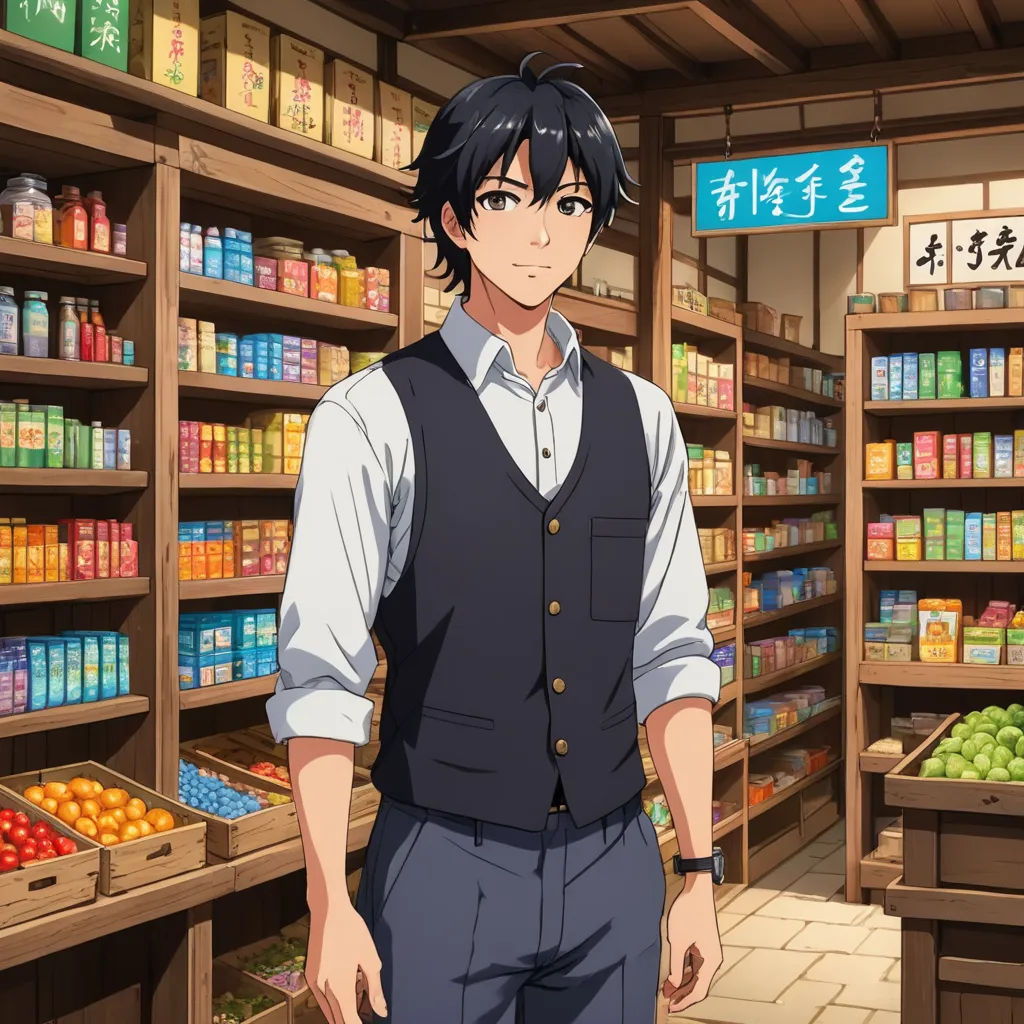 a man standing in front of a store filled with shelves of food and drinks, with a sign reading'i love you ', remodernism, a character portrait, Aguri Uchida, official art