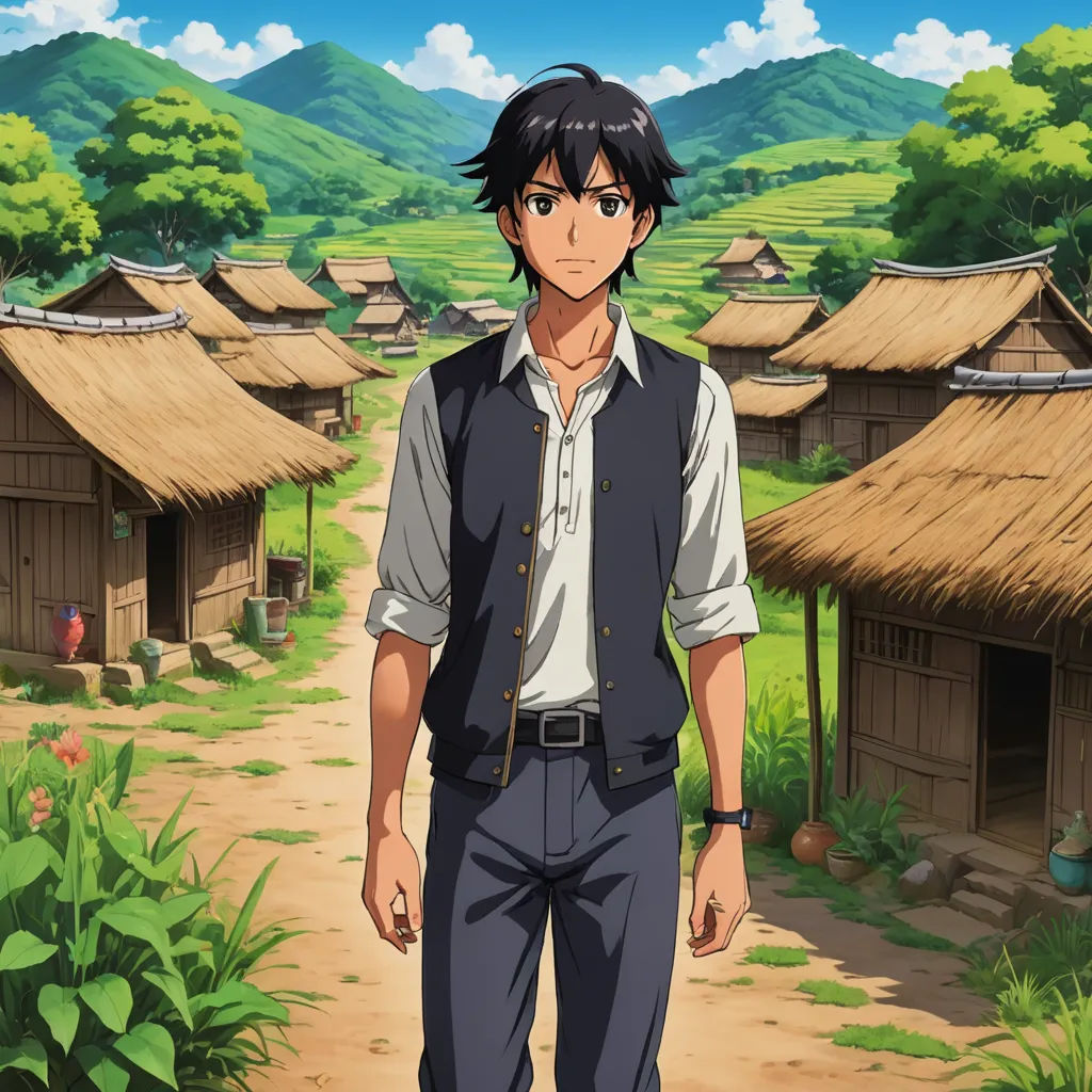 a man standing in front of a village with a mountain in the background and a sky in the background, primitivism, a character portrait, Cedric Seaut (Keos Masons), ufotable