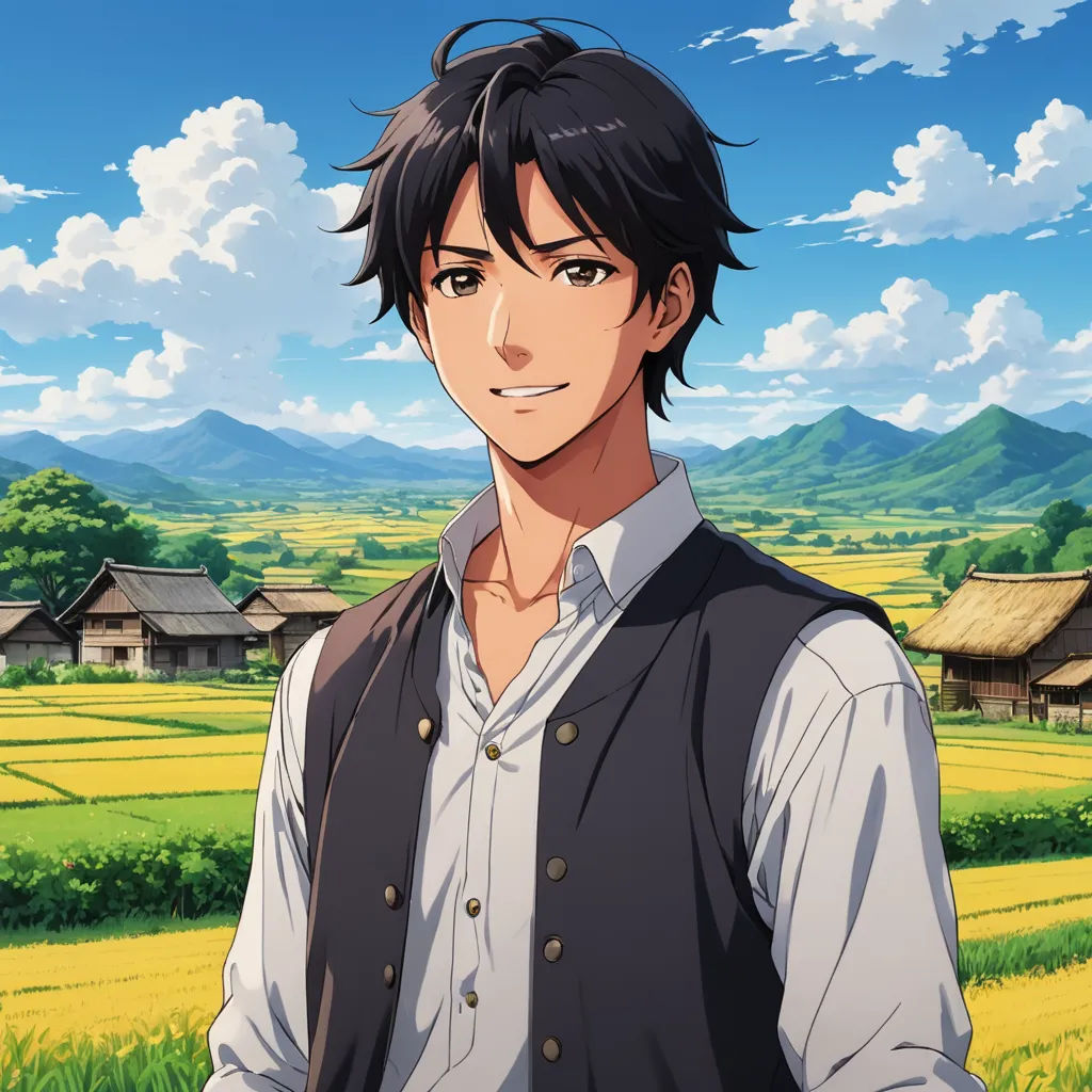 a man standing in front of a field of grass and mountains with a sky background and clouds in the background, synthetism, a character portrait, Aguri Uchida, official art