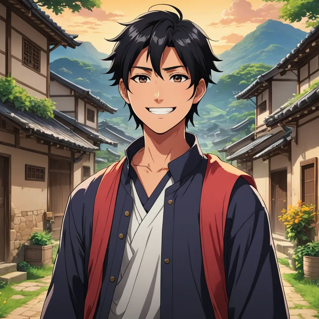 a man with black hair and a backpack in front of a building with mountains and trees in the background, aestheticism, a character portrait, Adam Manyoki, official art