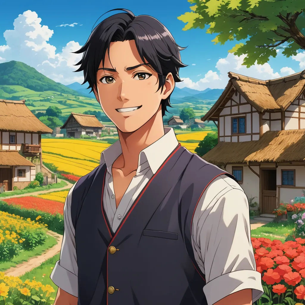 a man standing in front of a field of flowers and houses with a sky background and a tree in the foreground, synthetism, a character portrait, Anne Said, official art