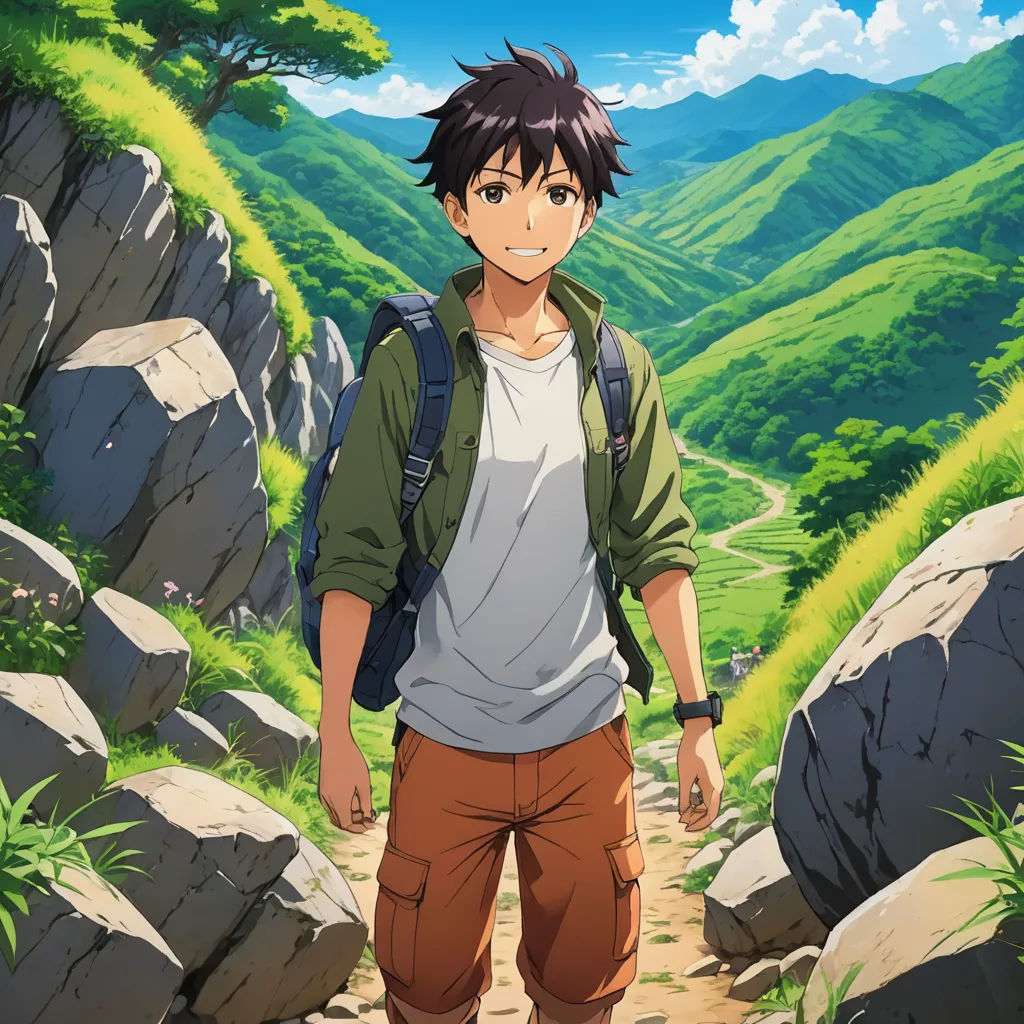 a man with a backpack standing on a path in the mountains with a mountain in the background and a valley in the foreground, rayonism, a character portrait, Ai-Mitsu, ufotable